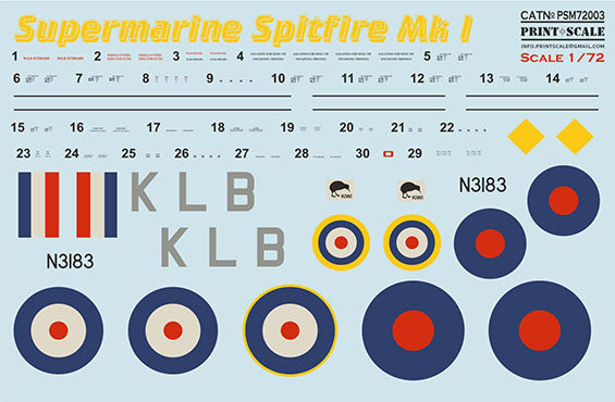 Print Scale PSM72003 1:72 Supermarine Spitfire Mk.I Paint Mask & Decals