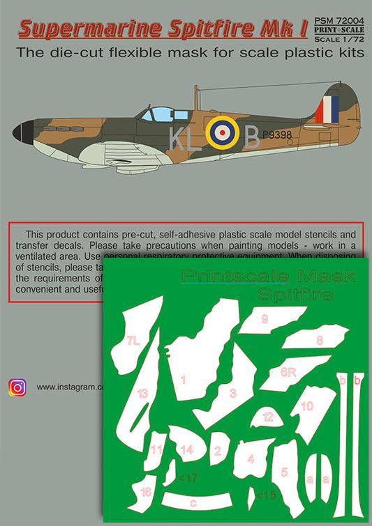 Print Scale PSM72004 1:72 Supermarine Spitfire Mk.I Paint Mask & Decals