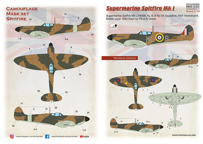 Print Scale PSM72004 1:72 Supermarine Spitfire Mk.I Paint Mask & Decals