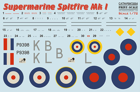 Print Scale PSM72004 1:72 Supermarine Spitfire Mk.I Paint Mask & Decals