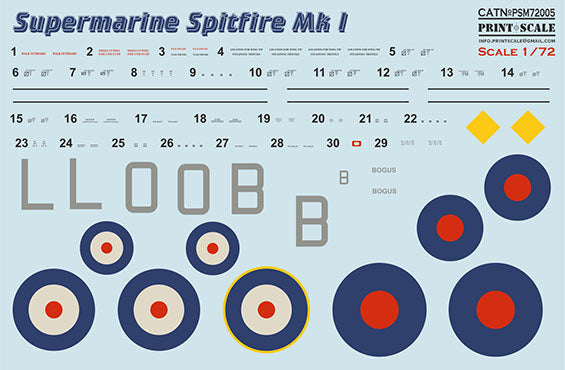 Print Scale PSM72005 1:72 Supermarine Spitfire Mk.I Paint Mask & Decals