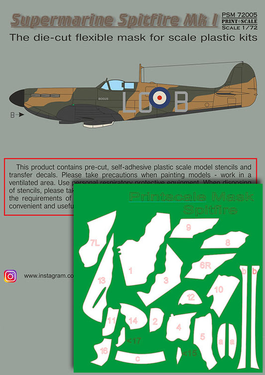 Print Scale PSM72005 1:72 Supermarine Spitfire Mk.I Paint Mask & Decals