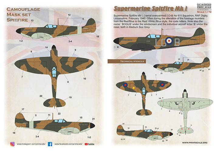 Print Scale PSM72005 1:72 Supermarine Spitfire Mk.I Paint Mask & Decals