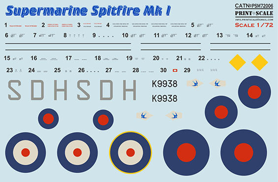 Print Scale PSM72006 1:72 Supermarine Spitfire Mk.I Paint Mask & Decals