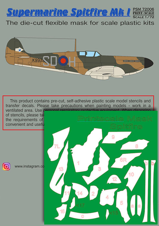 Print Scale PSM72006 1:72 Supermarine Spitfire Mk.I Paint Mask & Decals