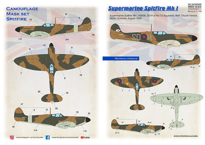 Print Scale PSM72006 1:72 Supermarine Spitfire Mk.I Paint Mask & Decals