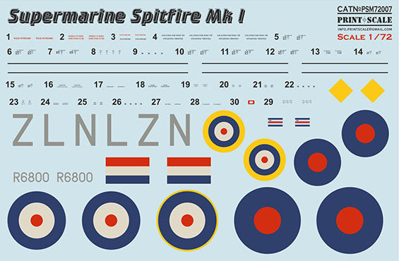 Print Scale PSM72007 1:72 Supermarine Spitfire Mk.I Paint Mask & Decals