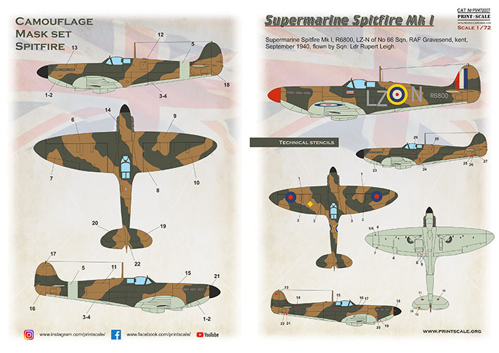 Print Scale PSM72007 1:72 Supermarine Spitfire Mk.I Paint Mask & Decals