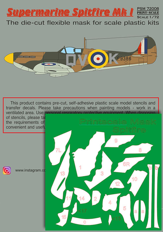 Print Scale PSM72008 1:72 Supermarine Spitfire Mk.I Paint Mask & Decals