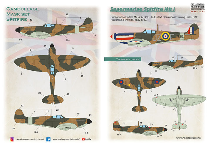 Print Scale PSM72009 1:72 Supermarine Spitfire Mk.I Paint Mask & Decals