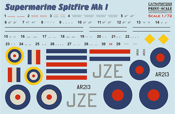 Print Scale PSM72009 1:72 Supermarine Spitfire Mk.I Paint Mask & Decals