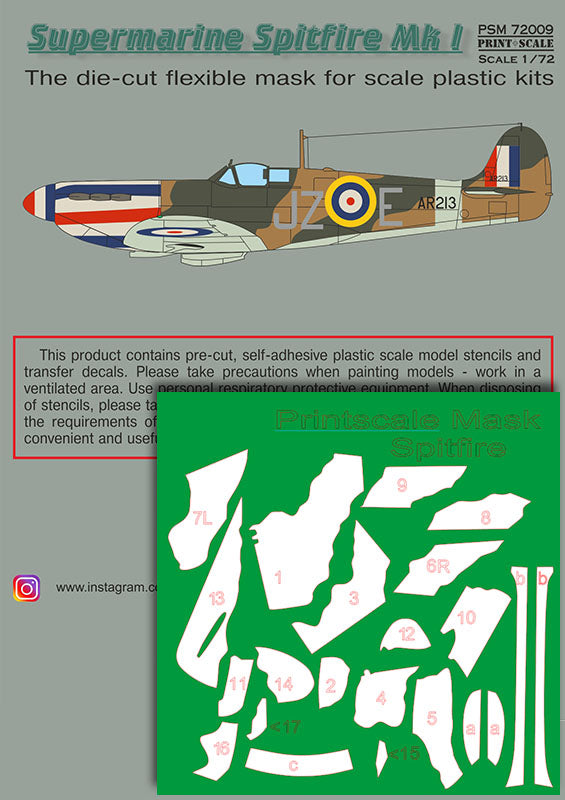 Print Scale PSM72009 1:72 Supermarine Spitfire Mk.I Paint Mask & Decals