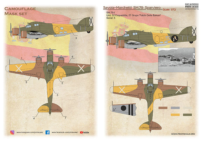 Print Scale PSM72012 1:72 Savoia-Marchetti SM.79 Paint Mask & Decals