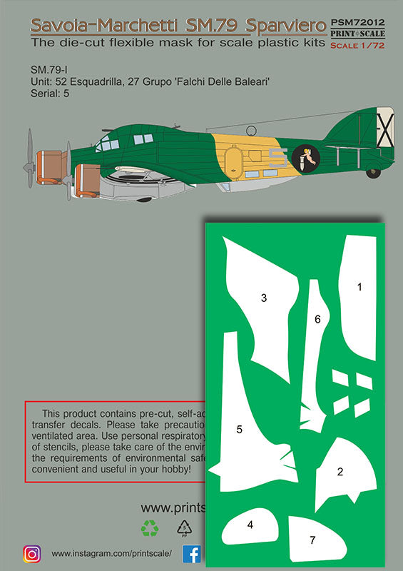 Print Scale PSM72012 1:72 Savoia-Marchetti SM.79 Paint Mask & Decals