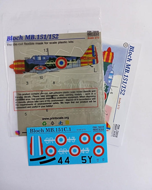 Print Scale PSM72018 1:72 Bloch MB.151/MB.152 camouflage pattern paint mask and decals