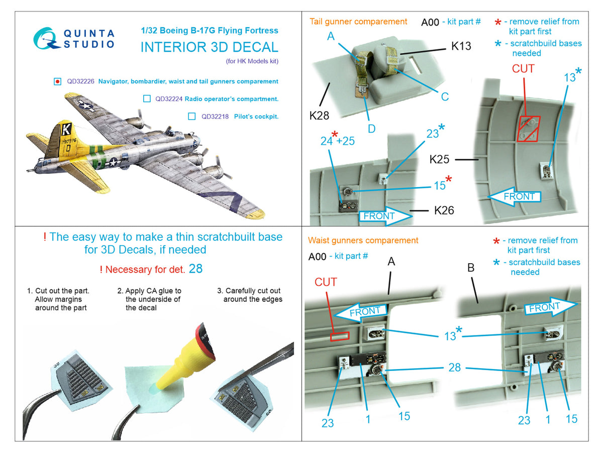 Quinta Studio QD32226 1:32 B-17G Flying Fortress Navigator, bombardier, waist and tail gunners compartments. (3D-Printed) & coloured Interior