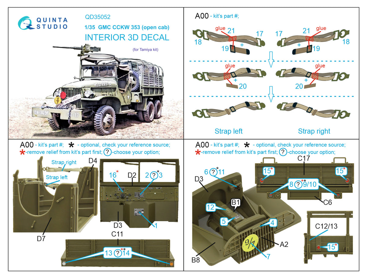 Quinta Studio QD35052 1:35 GMC CCKW 353 (designed to be used with open cab kits) (3D-Printed) & coloured Interior