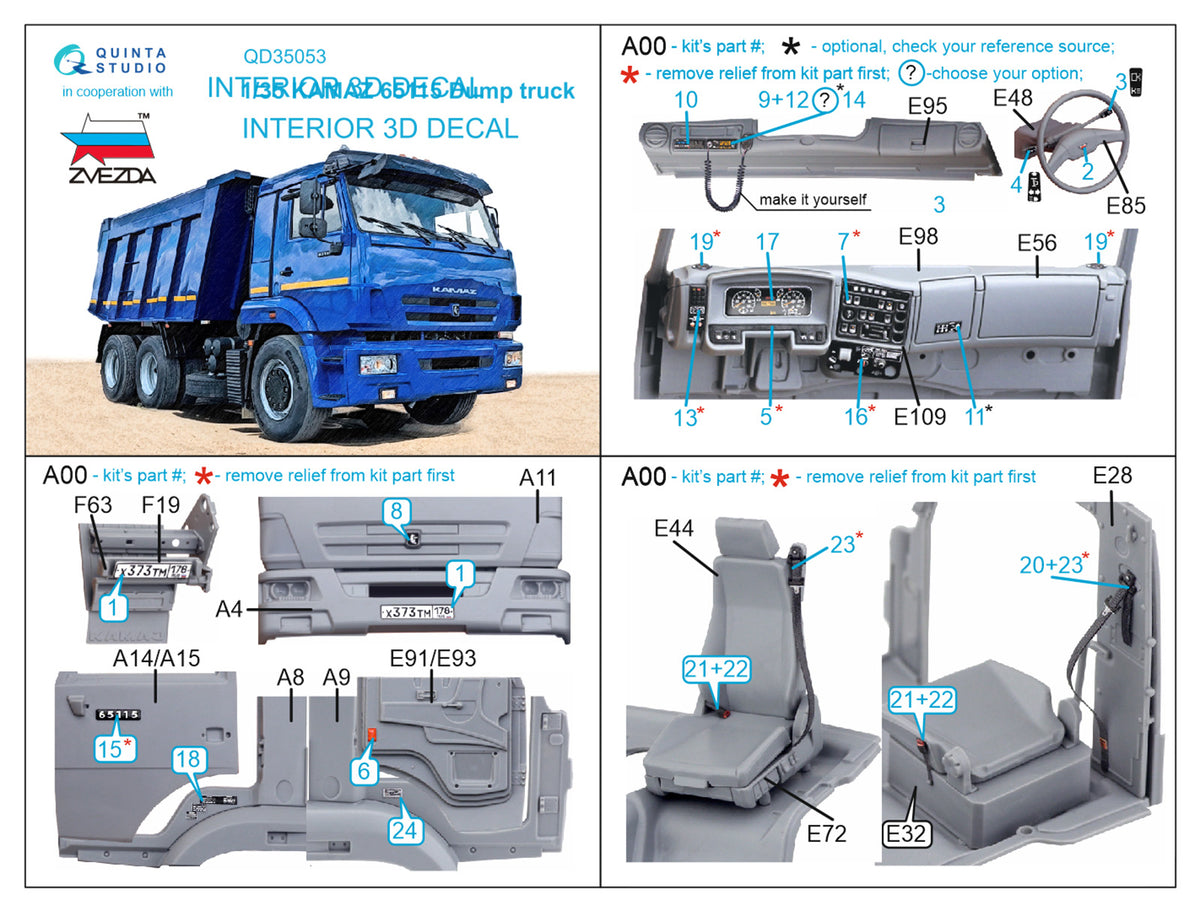 Quinta Studio QD35053 1:35 KAMAZ 65115 Dump truck (3D-Printed) & coloured Interior