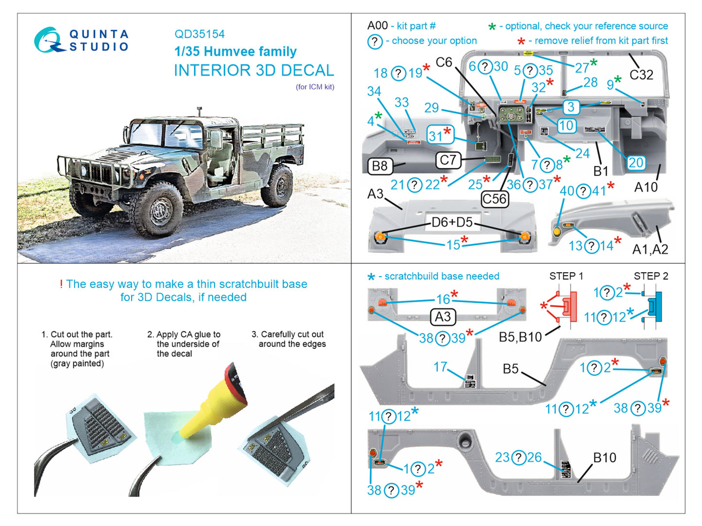 Quinta Studio QD35154 1:35 Humvee family 3D-Printed & coloured Interior on decal paper