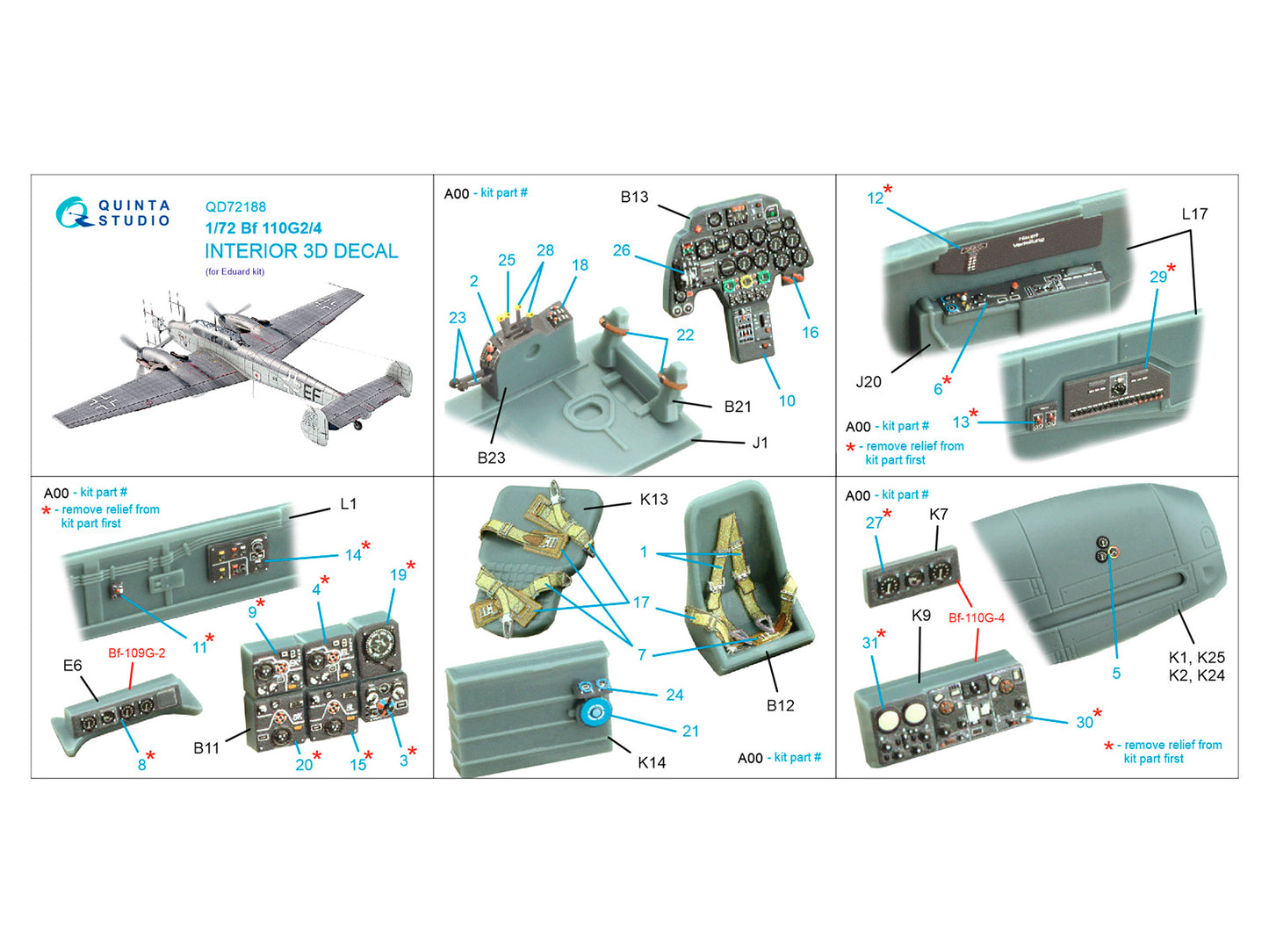 Quinta Studio QD72188 1:72 Messerschmitt Bf-110G-2/4 3D-Printed coloured Interior on decal paper
