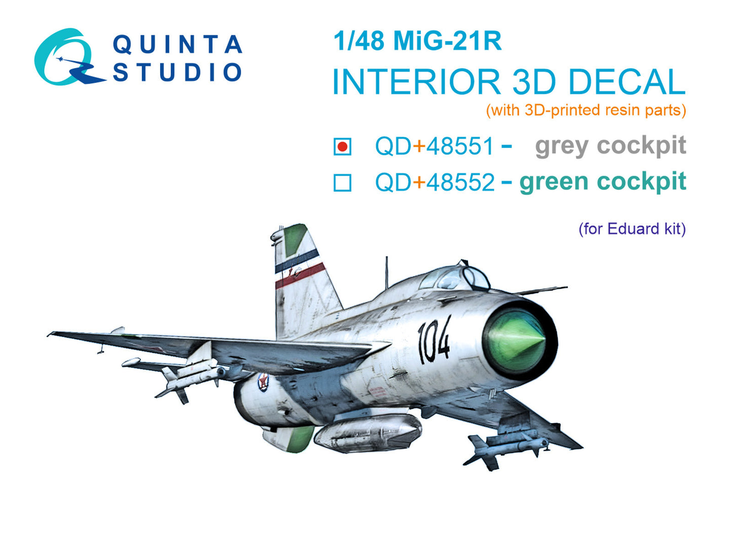 Quinta Studio QD+48551 1:48 Mikoyan MiG-21R (grey cockpit panels) 3D-Printed & coloured