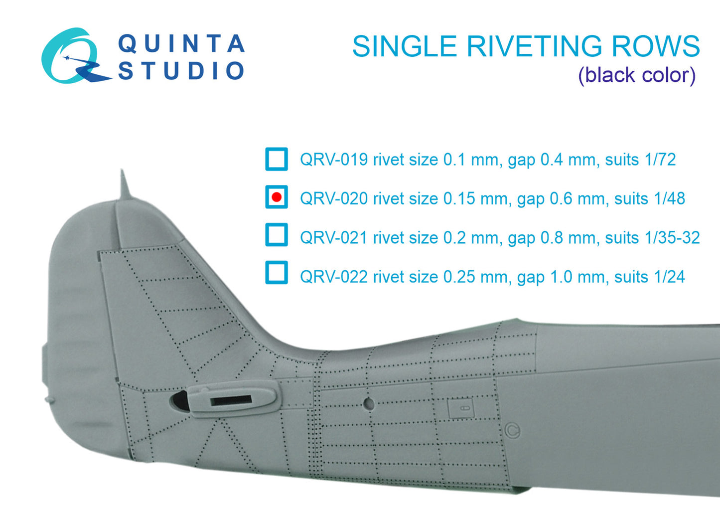 Quinta Studio QRV-020 1:48 Single riveting rows (rivet size 0.15 mm, gap 0.6 mm, suits 1/48 scale), Black color, total length 6.2 m/20 ft