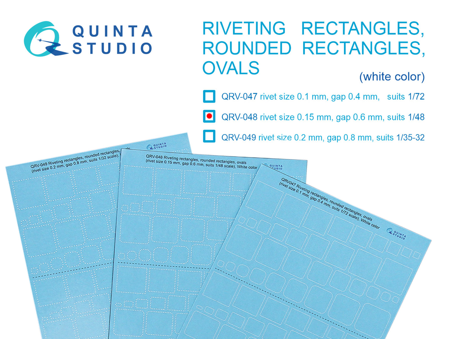 Quinta Studio QRV-048 1:48 Riveting rectangles, rounded rectangles and ovals (rivet size 0.15 mm, gap 0.6 mm, suits 1/48), White color