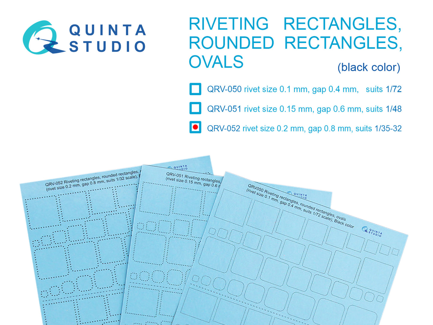 Quinta Studio QRV-051 1:48 Riveting rectangles, rounded rectangles and ovals (rivet size 0.15 mm, gap 0.6 mm, suits 1/48), Black color
