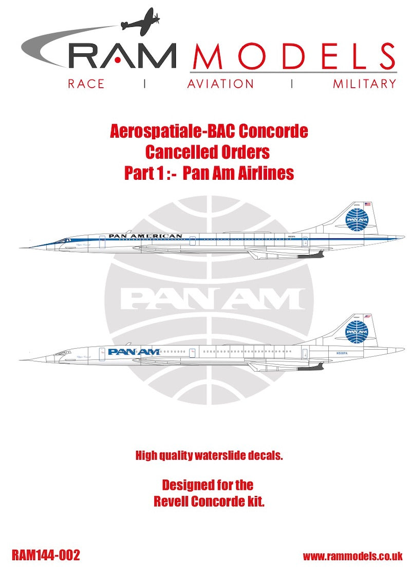 Ram Models M14402 1:144 Aerospatiale Concorde 'Cancelled Orders'. Pan Am x 2 schemes