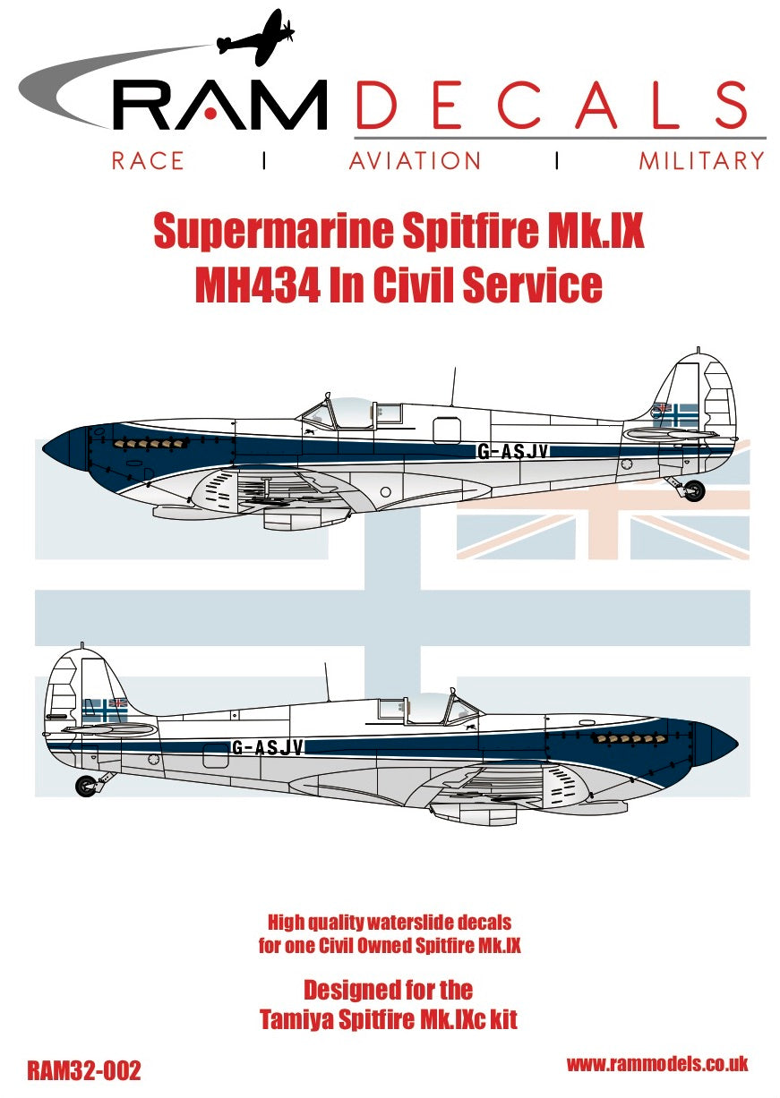 Ram Models M32002 1:32 Supermarine Spitfire MK.IX MH434 In Civi