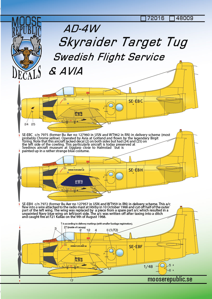 Moose Republic Decals 48009 1:48 Douglas AD-4W Skyraider Swedish Target Tug