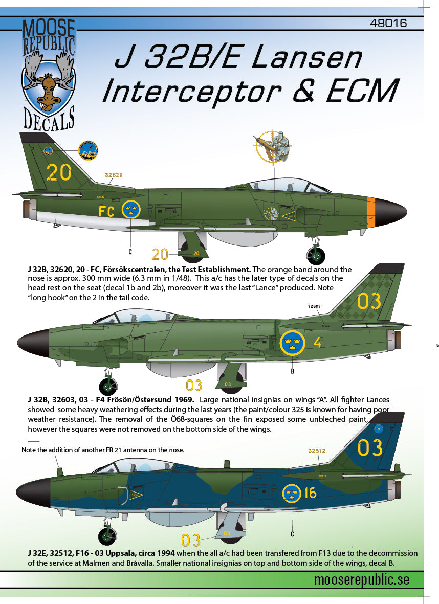 Moose Republic Decals 48016 1:48 Saab J-32B/E 'Lansen' Interceptor & ECM