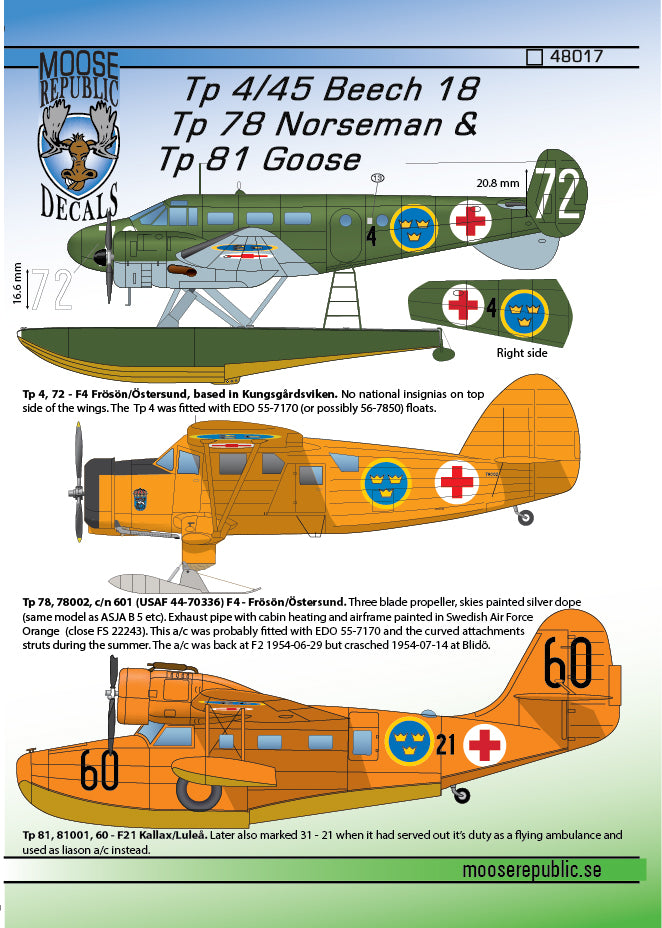 Moose Republic Decals 48017 1:48 Beech 18, UC-64A Norseman &  JRF-5 Goose ambulance combination decal sheet