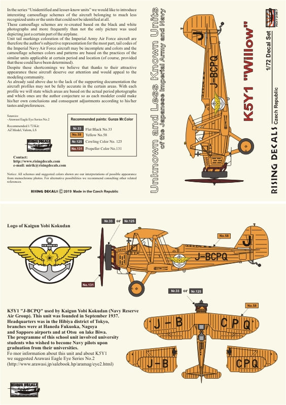 Rising Decals RD72087 1:72 Yokosuka K5Y1 'Willow' Unknown and Less Known Units of the Japanese Imperial Army and Navy