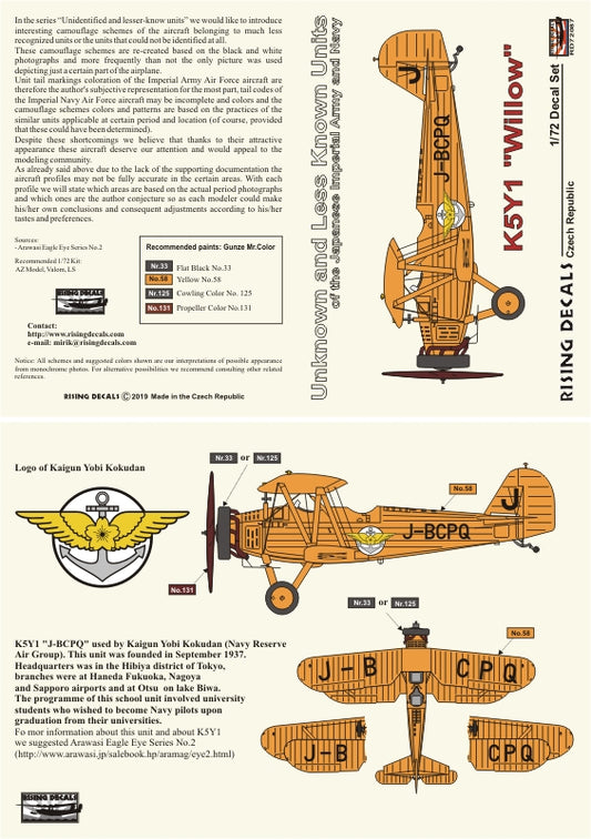 Rising Decals RD72087 1:72 Yokosuka K5Y1 'Willow' Unknown and Less Known Units of the Japanese Imperial Army and Navy