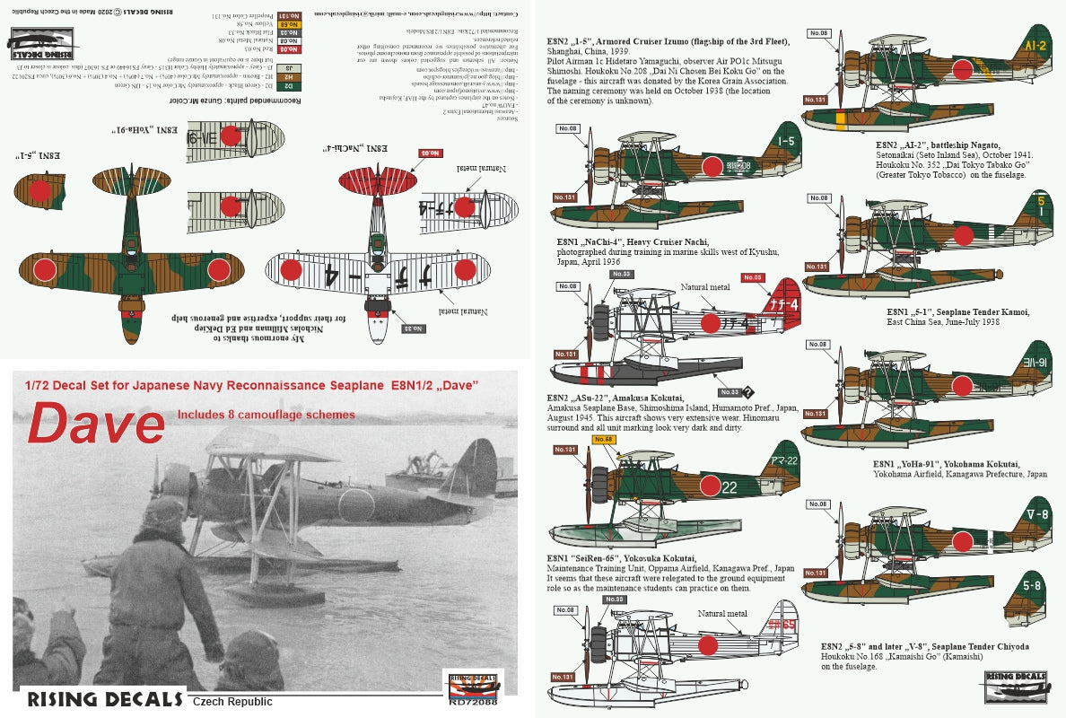 Rising Decals RD72088 1:72 Japanese Navy Reconnaissance Seaplane Nakajima E8N1/2