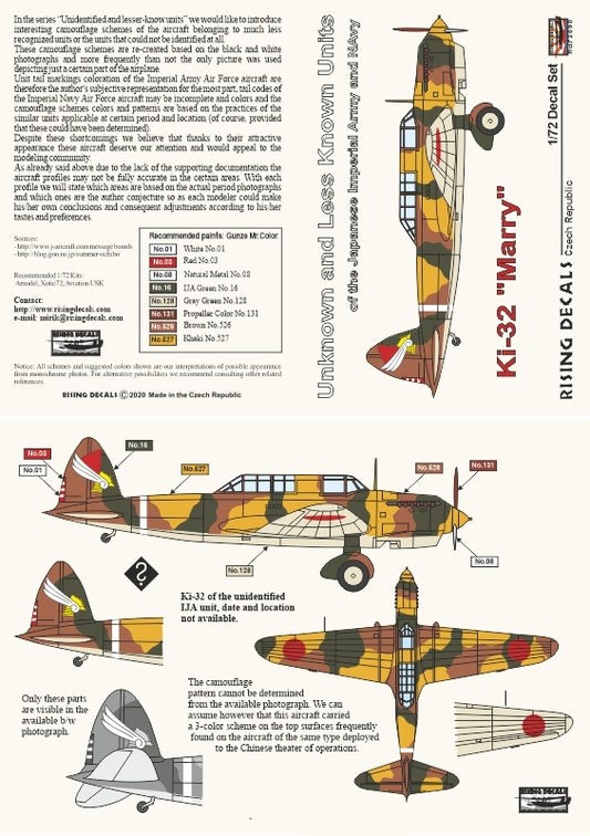 Rising Decals RD72090 1:72 Kawasaki Ki-32 'Mary' Unknown and Less Known Units of the Japanese Imperial Army and Navy Pt.V