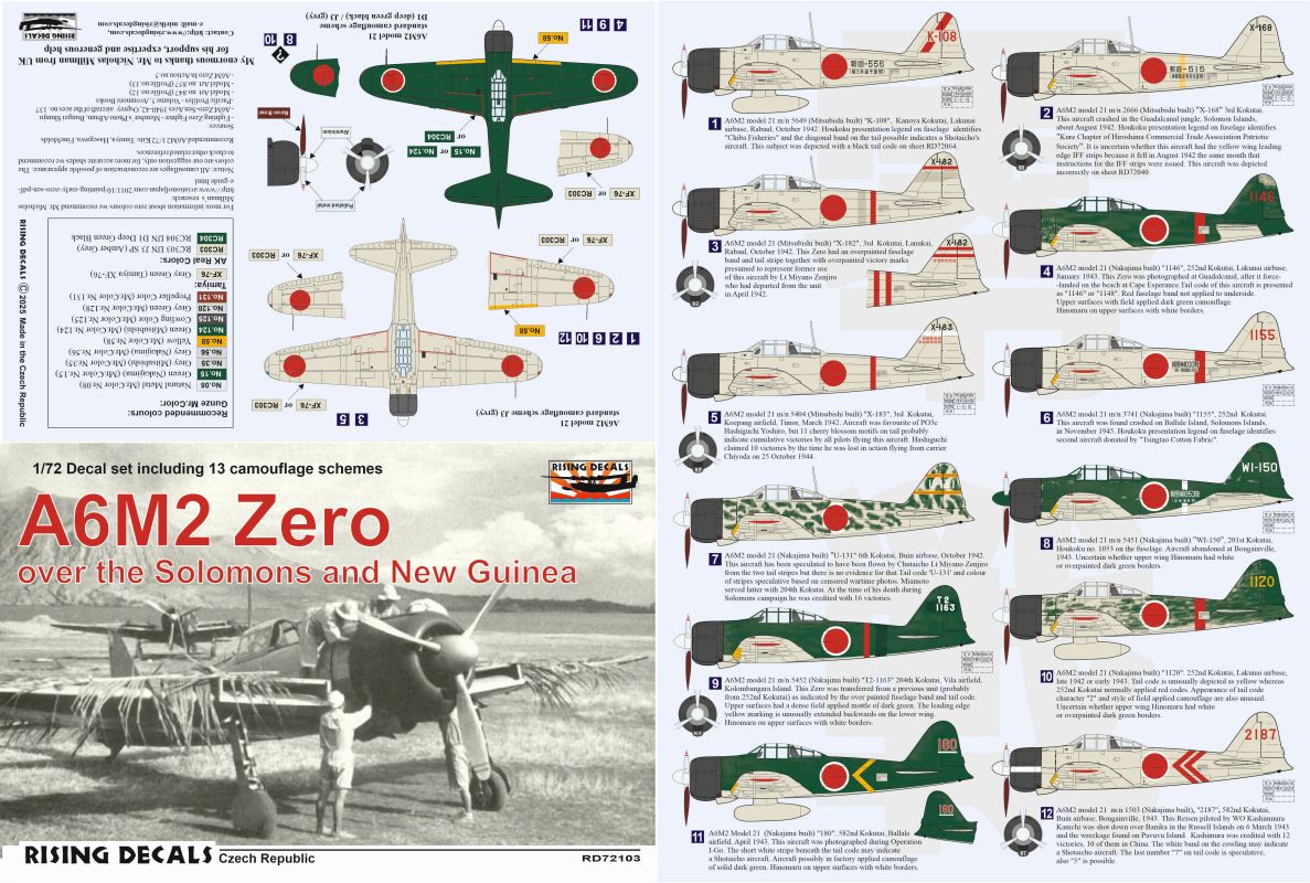 Rising Decals RD72103 1:72 Mitsubishi A6M2 Zero over Solomons and New Guinea