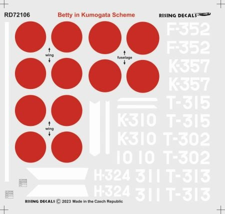 Rising Decals RD72106 1:72 Mitsubishi G4M1 Betty in Kumogata Scheme