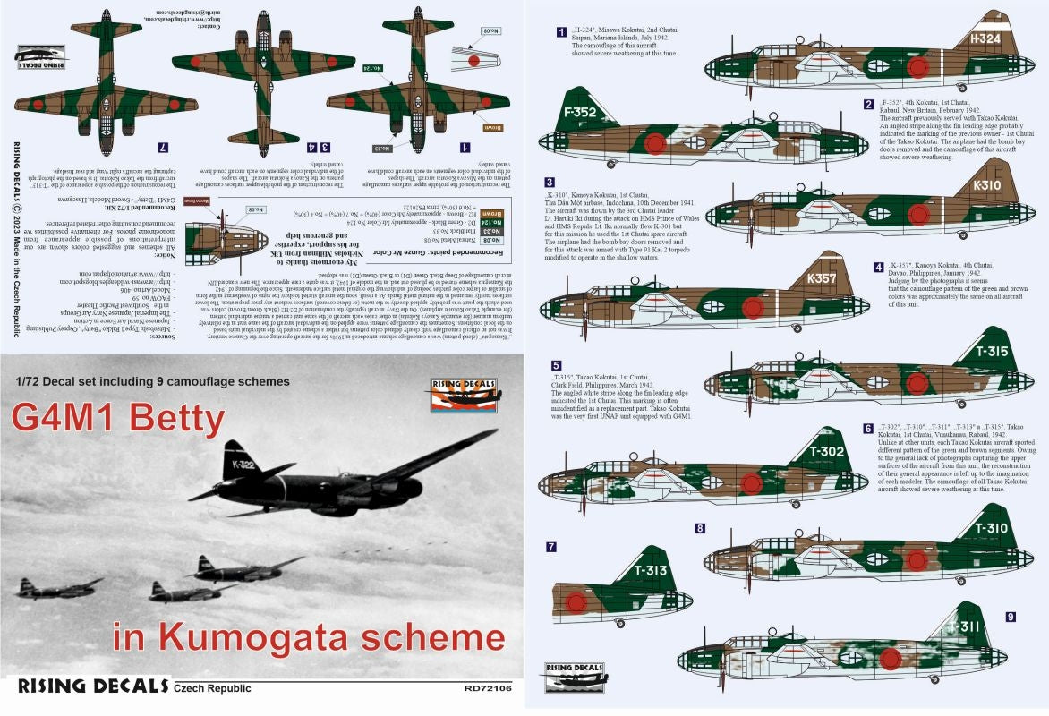 Rising Decals RD72106 1:72 Mitsubishi G4M1 Betty in Kumogata Scheme