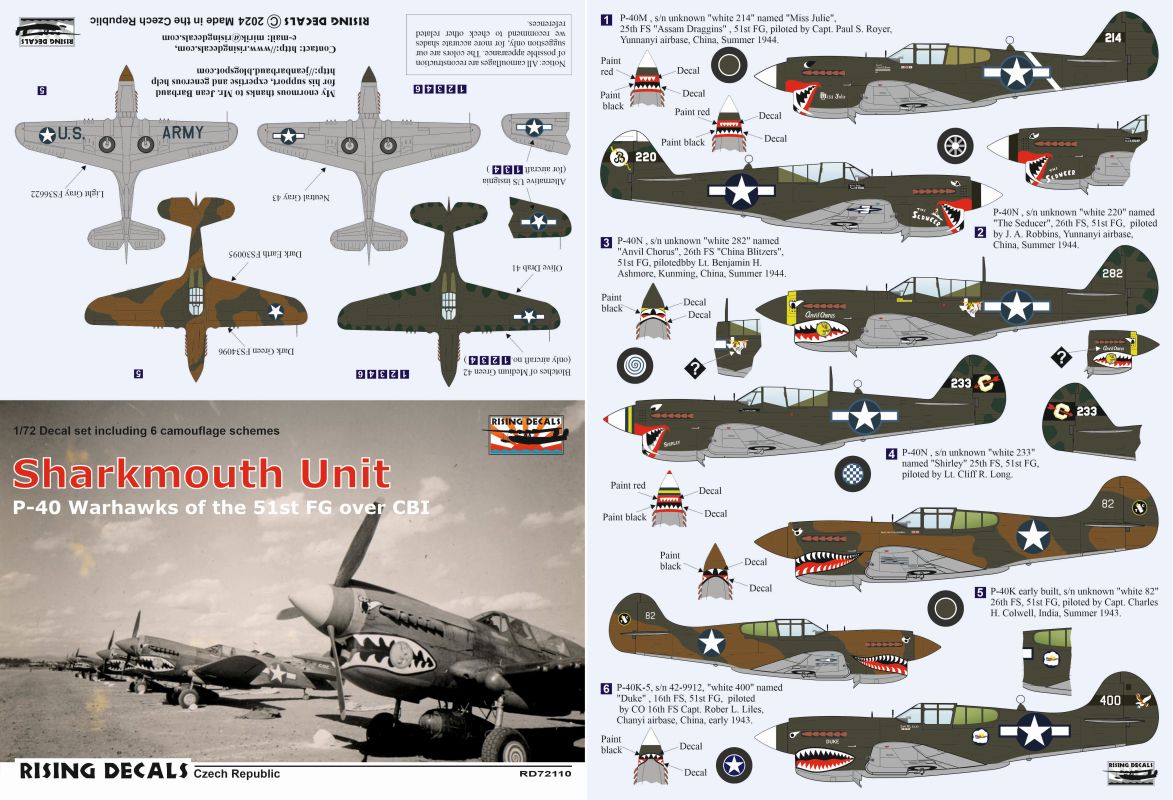 Rising Decals RD72110 1:72 Curtiss P-40K/P-40M/P-40N Sharkmouth Unit 51st Fighter Group over CBI