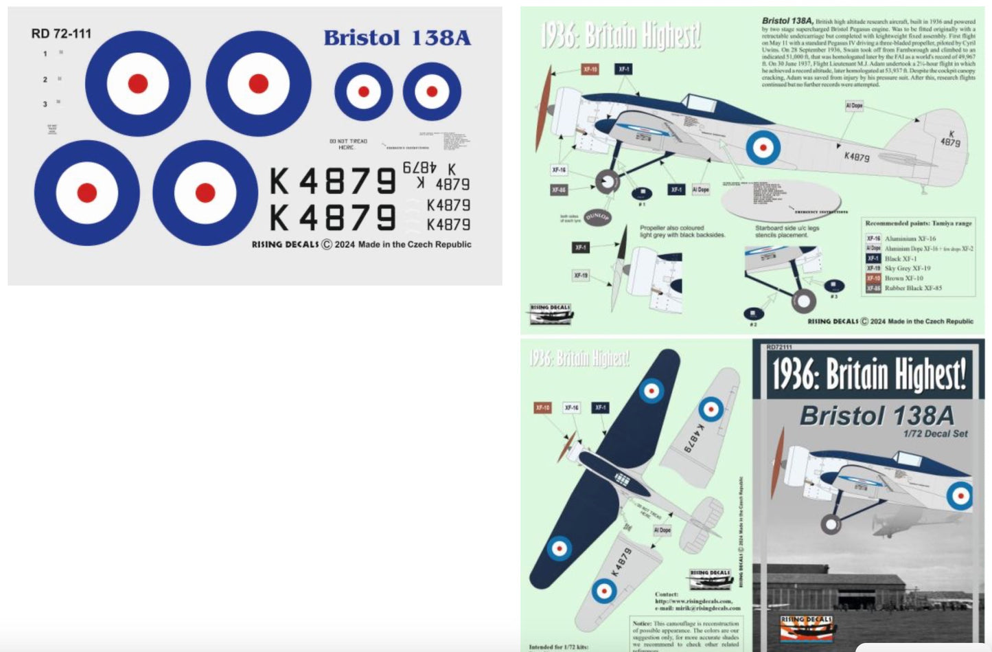 Rising Decals RD72111 1:72 Britain Highest 1936 (Bristol 138A)