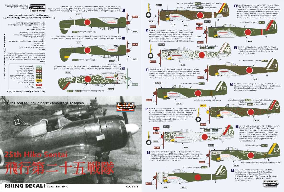 Rising Decals RD72113 1:72 Japanese Army Fighters Used by 25th Hiko Sentai(Ki-43 and Ki-84)