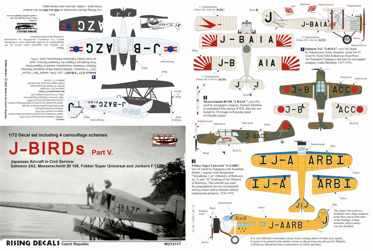 Rising Decals RD72117 1:72 J-BIRDs (4x camo) Part V Japanese Aircraft in Civil Service