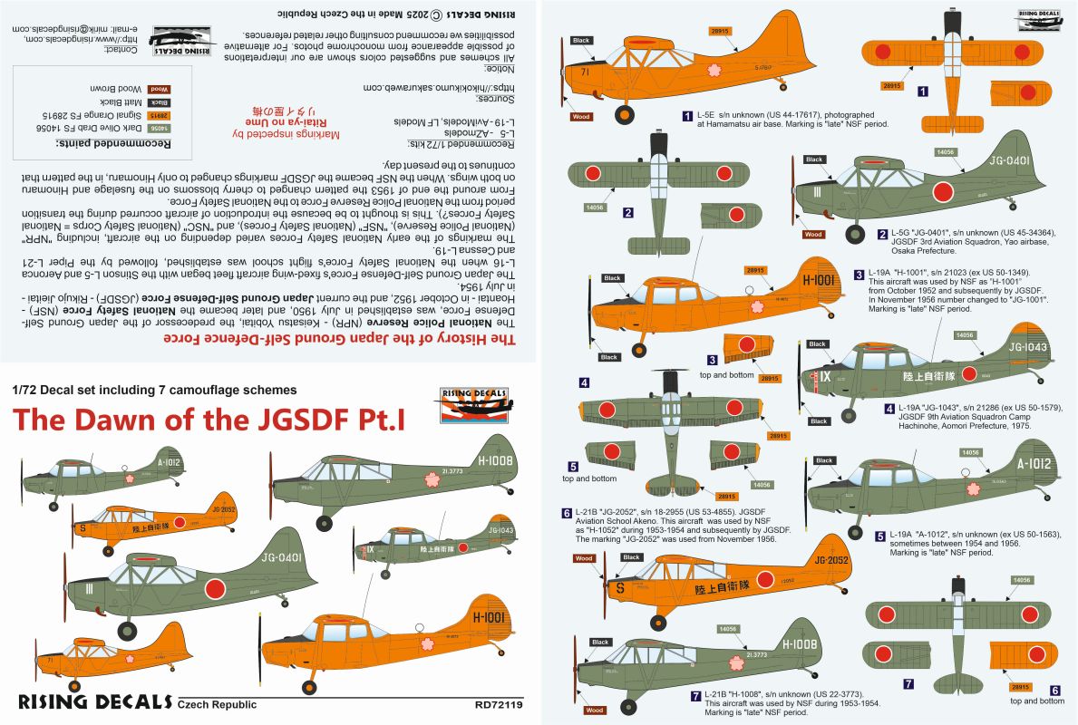 Rising Decals RD72119 1:72 Dawn of the JGSDF part I L-5, L-19 and L-21