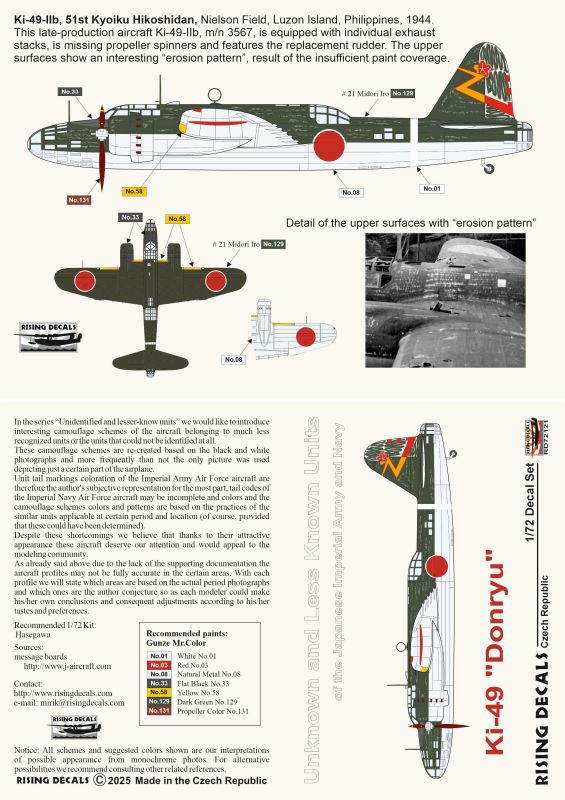 Rising Decals RD72121 1:72 Nakajima Ki-49-II Donryu x 1. 51st Kyoiku Hikoshidan camouflaged aircraft