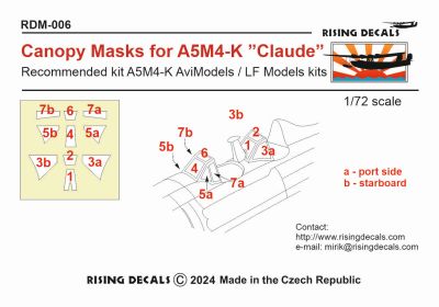 Rising Decals RDM-006 1:72 Mitsubishi A5M4-K 'Claude' Canopy Frame Paint Mask (Outside Only)