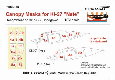 Rising Decals RDM-008 1:72 Canopy mask for Ki-27a/b Nate (Hasegawa)