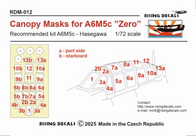 Rising Decals RDM-012 1:72 Canopy Mask for A6M5/A6M5c â€œZeroâ€ Hasegawa