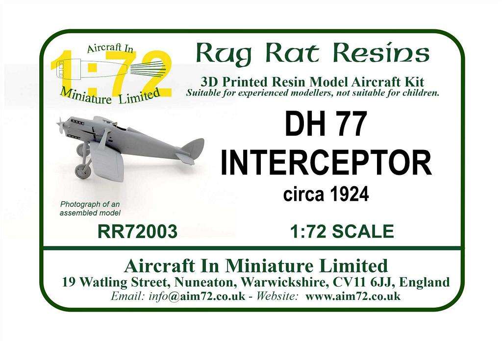 AIM - Rug Rat Resins RR72003 1:72 DH 77 Interceptor, circa 1929.